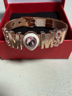 Rose Gold MOM Charm Bracelet with Pink Teardrop Crystal
